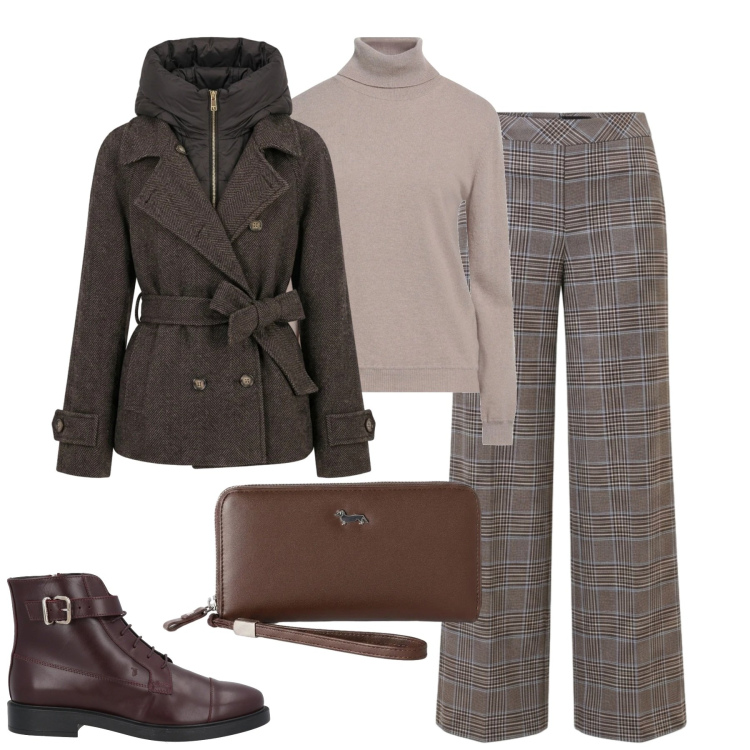 Outfit donna - Fall. Stile Casual chic per Tutti i giorni. Abbinamento con portafogli, blazer, pantaloni, stivaletti, maglieria.