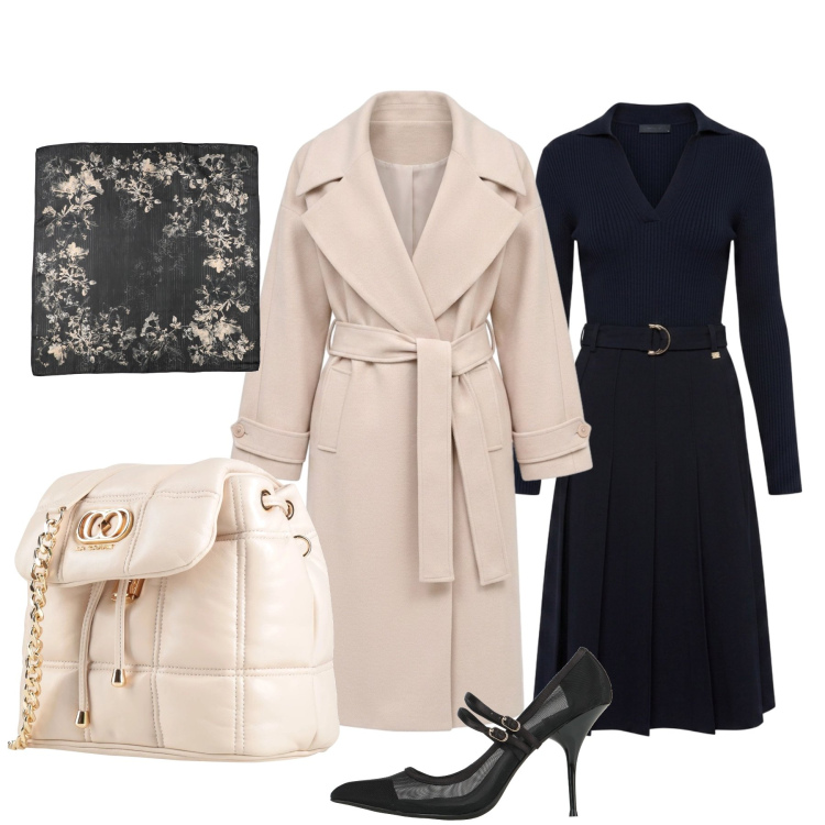 Outfit donna - Praticamente…elegante. Stile Chic per Tutti i giorni. Abbinamento con vestiti midi/longuette, cappotti, décolleté, valigie, sciarpe.