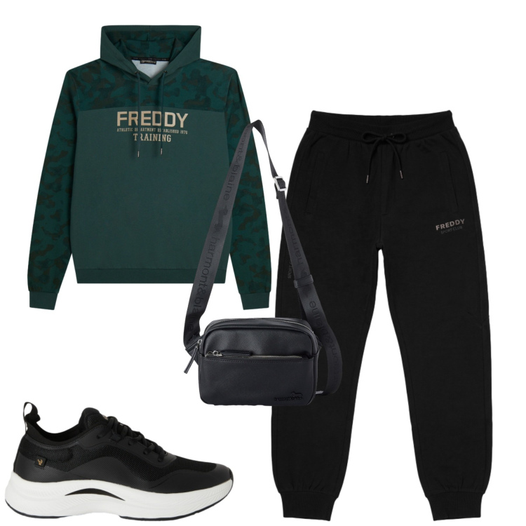 Outfit uomo - City. Stile Casual per Tutti i giorni. Abbinamento con borse sportive, sneakers, felpe con cappuccio, pantaloni.