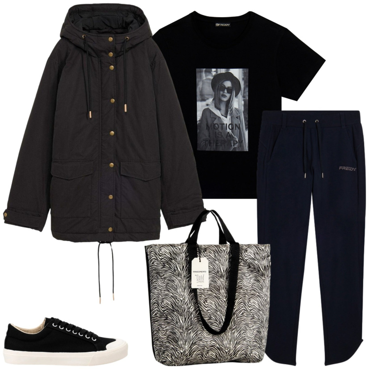 Outfit donna - Total look #2482928. Stile Sporty chic per Tutti i giorni. Abbinamento con parka, borse tote, sneakers, t-shirt, pantaloni.