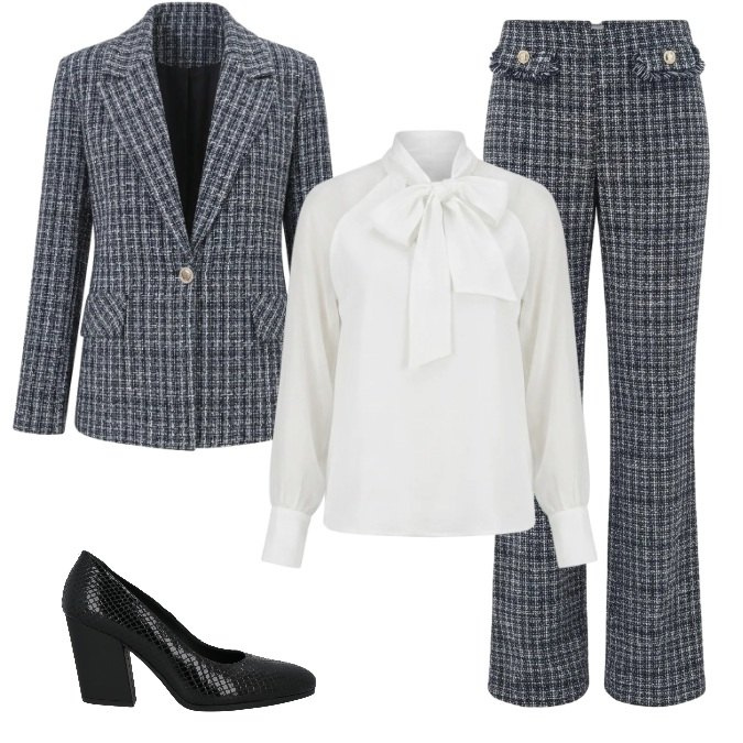 Outfit donna - Eleganza Bon Ton in Tweed. Stile Bon Ton per Ufficio. Abbinamento con blazer, bluse, pantaloni, décolleté.
