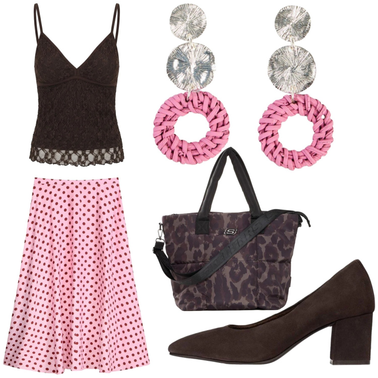 Outfit donna - Vacanze. Stile Casual chic per Tutti i giorni. Abbinamento con gonne longuette, orecchini, décolleté, shopping bag, canottiere.