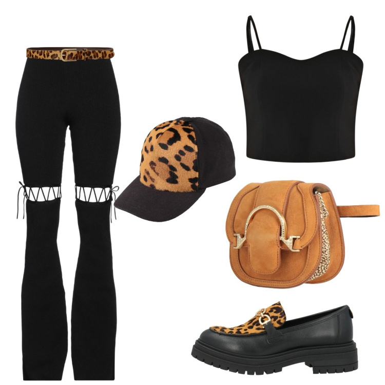 Outfit donna - Roar. Stile Sporty chic per Scuola/Università. Abbinamento con marsupi, leggings, cappelli con visiera, mocassini, top, cinture.