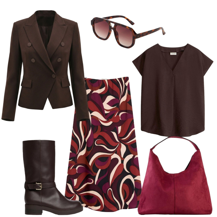 Outfit donna - Protagonista la gonna optical. Stile Urban per Ufficio. Abbinamento con borse a spalla, occhiali da sole, gonne longuette, stivali, camicie a manica corta, blazer.