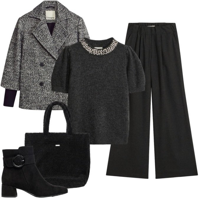 Outfit donna - Impeccabile in Total Grey. Stile Bon Ton per Ufficio. Abbinamento con maglieria, pantaloni, caban, stivaletti, borse a mano.