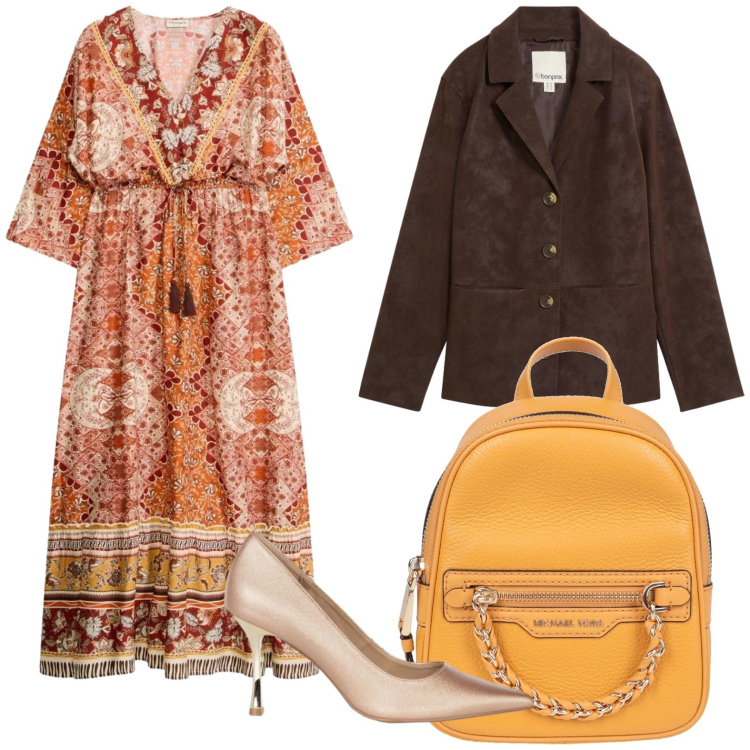 Outfit donna - Eleganza vivace. Stile Basic per Tutti i giorni. Abbinamento con décolleté, zaini, vestiti lunghi, blazer.