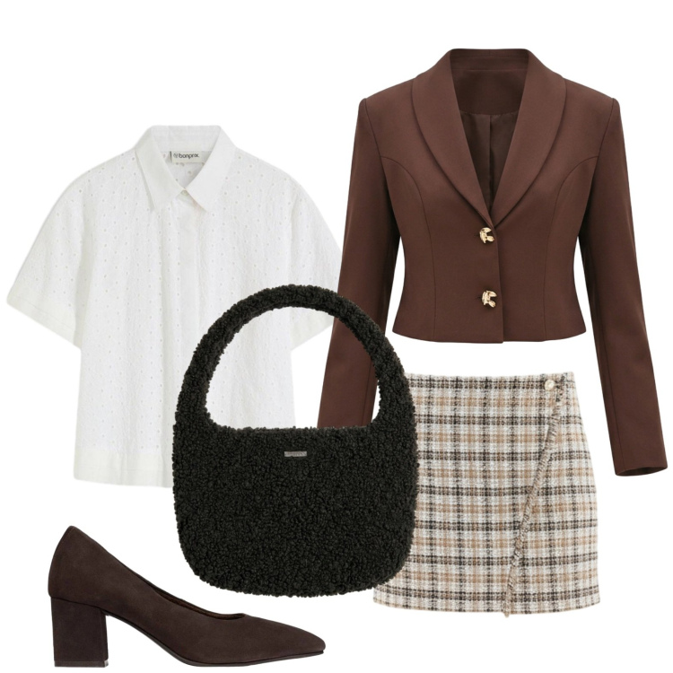 Outfit donna - Gonna in tweed. Stile Basic per Tutti i giorni. Abbinamento con borse a mano, minigonne, blazer, camicie, décolleté.