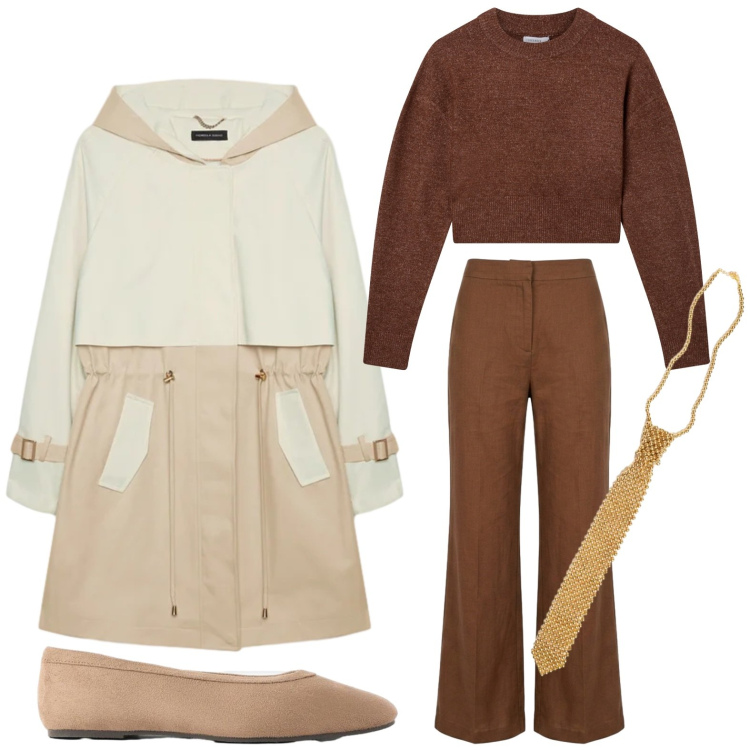 Outfit donna - Trench leggero e toni caldi. Stile Basic per Tutti i giorni. Abbinamento con trench, pantaloni, collane, maglieria, ballerine.