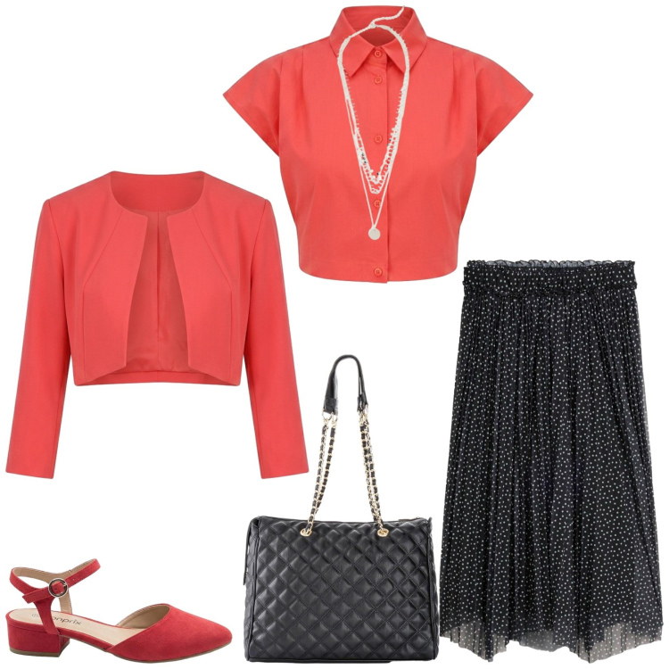 Outfit donna - Total look #2482994. Stile Bon Ton per Cerimonia. Abbinamento con borse a mano, gonne longuette, collane, décolleté, camicie a manica corta, bolero.