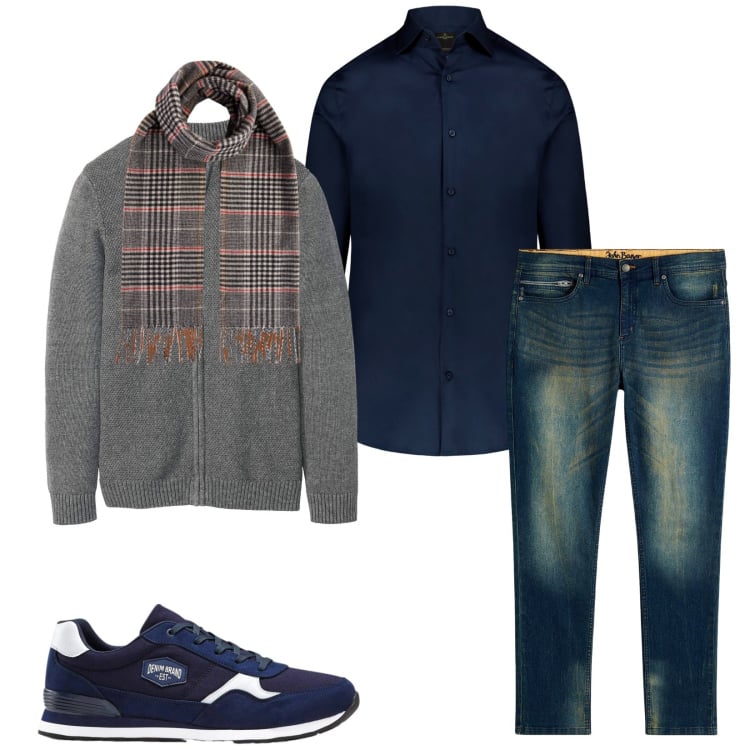 Outfit uomo - Total look #2482996. Stile Trendy per Serata speciale. Abbinamento con camicie, sciarpe, cardigans, jeans slim fit, sneakers.