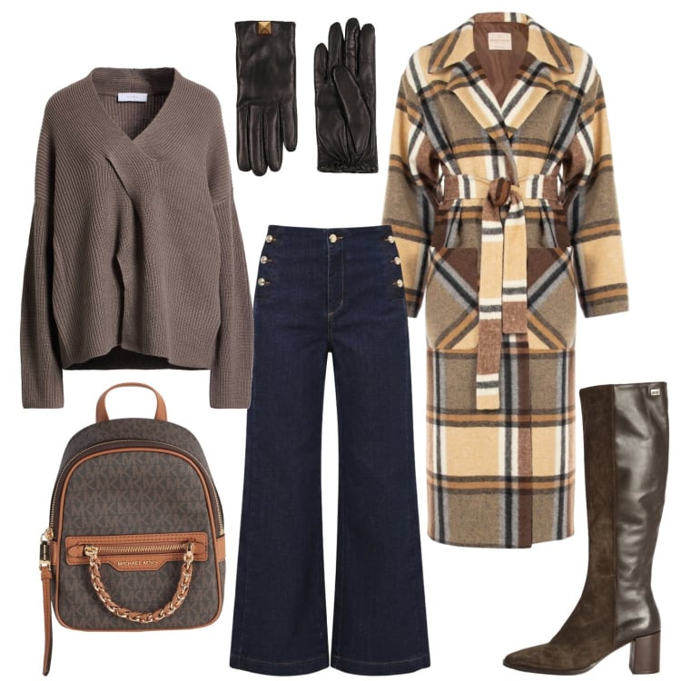 Outfit donna - Fall vibes. Stile Trendy per Ufficio. Abbinamento con zaini, pullovers, guanti, jeans, cappotti, stivali.
