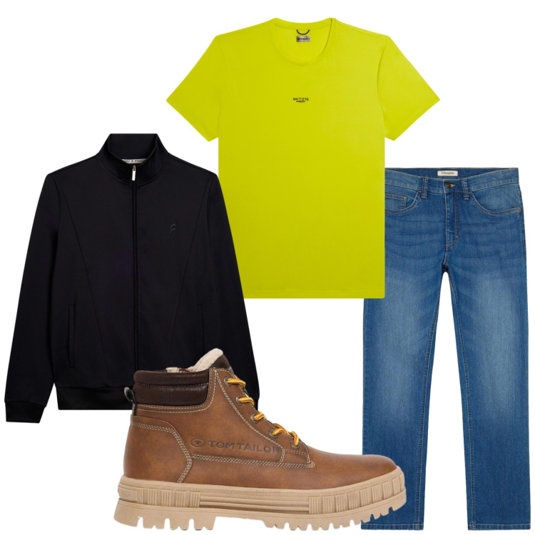 Outfit uomo - Total look #2483009. Stile Casual per Tutti i giorni. Abbinamento con bomber, t-shirt, stivali e stivaletti, jeans dritti.