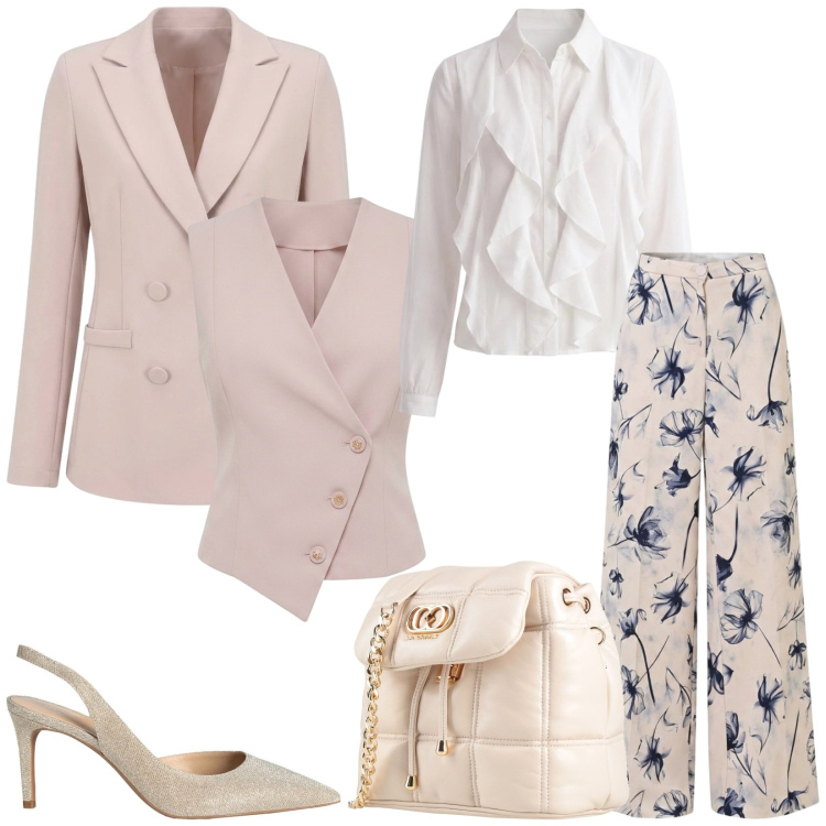 Outfit donna - Total look #2483014. Stile Romantica per Cerimonia. Abbinamento con blazer, pantaloni a palazzo, gilet, camicie, décolleté, valigie.