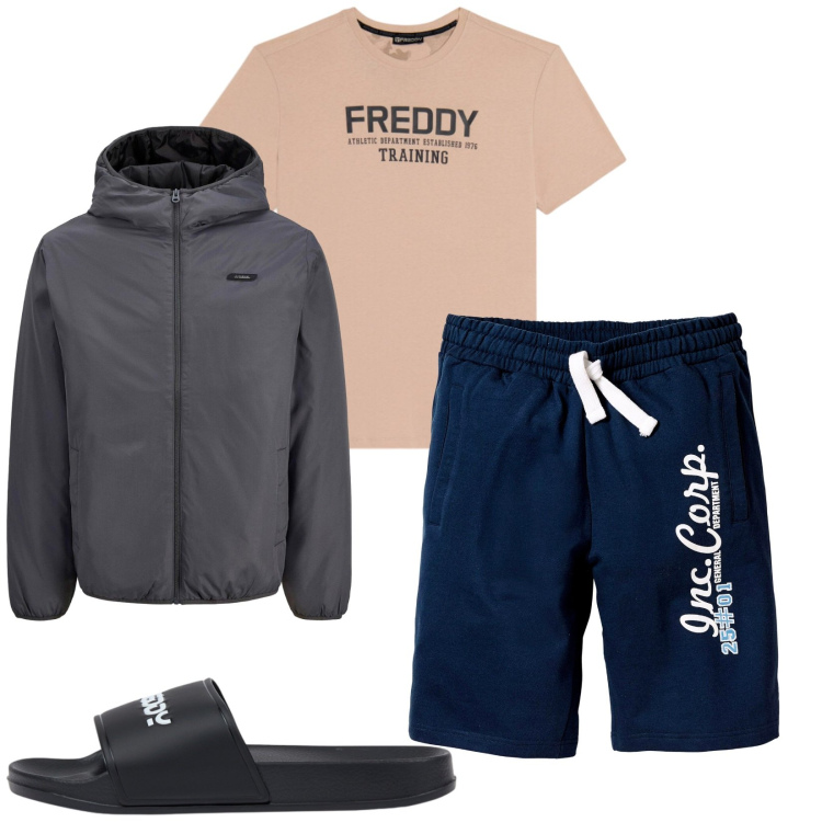 Outfit uomo - Total look #2483031. Stile Trendy per Tutti i giorni. Abbinamento con t-shirt, sandali, bermuda, giacche.