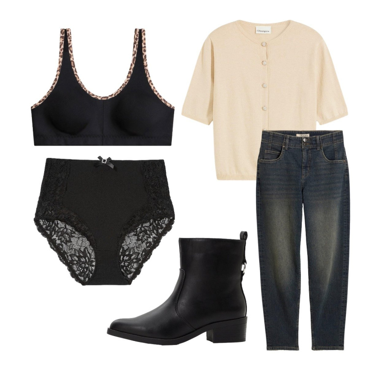 Outfit donna - Ottobre. Stile Basic per Tutti i giorni. Abbinamento con jeans mom, cardigans, stivaletti, culotte, reggiseni.