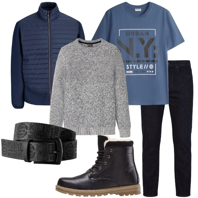 Outfit uomo - Ottobre in città. Stile Casual per Tutti i giorni. Abbinamento con jeans, stivali e stivaletti, maglieria, giacche, cinture, t-shirt.