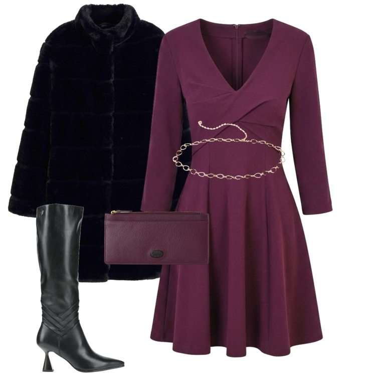 Outfit donna - A cena. Stile Chic per Serata fuori. Abbinamento con stivali, cinture, cappotti, vestiti corti, portafogli.