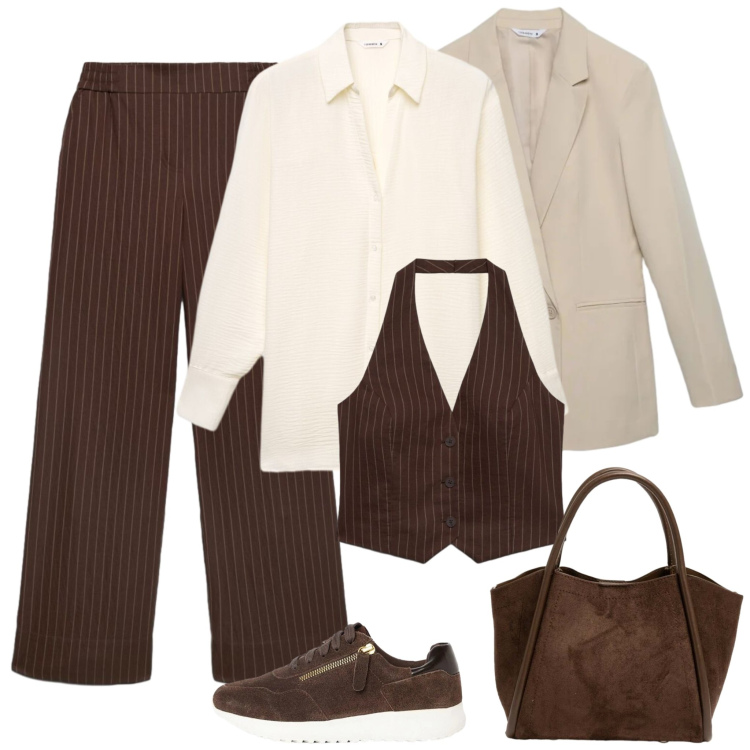 Outfit donna - Marrone e crema per il pranzo di lavoro. Stile Chic per Ufficio. Abbinamento con borse a spalla, blazer, camicie, gilet, pantaloni, sneakers.