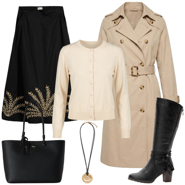 Outfit donna - Il trench e gli stivali. Stile Bon Ton per Scuola/Università. Abbinamento con shopping bag, ciondoli, trench, cardigans, gonne lunghe, stivali.