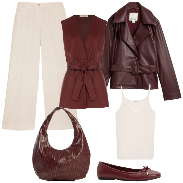 Outfit donna - Il trench per l'autunno. Stile Chic per Serata fuori. Abbinamento con canottiere, pantaloni a palazzo, gilet, ballerine, trench, borse a spalla.
