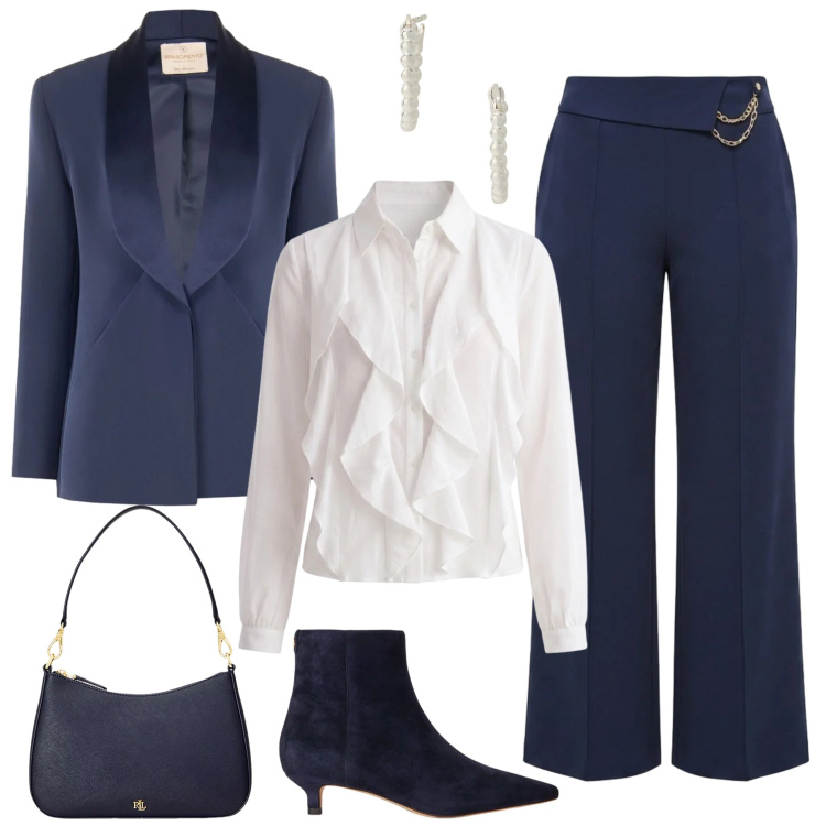 Outfit donna - Il tailleur blu per il battesimo. Stile Chic per Cerimonia. Abbinamento con pantaloni a palazzo, camicie, blazer, orecchini, borse a spalla, stivaletti.