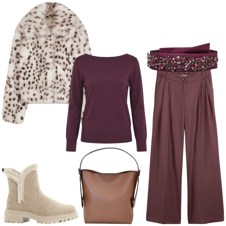 Outfit donna - Total look #2483083. Stile Casual chic per Tutti i giorni. Abbinamento con ecopellicce, stivaletti, pantaloni, borse a mano, cinture, maglieria.