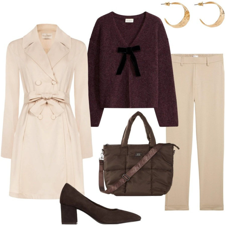 Outfit donna - Total look #2483090. Stile Bon Ton per Ufficio. Abbinamento con trench, cardigans, pantaloni chino, shopping bag, orecchini, décolleté.