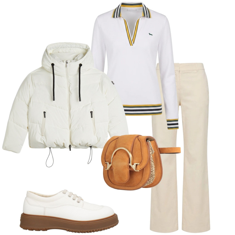 Outfit donna - Total look #2483091. Stile Casual per Tutti i giorni. Abbinamento con scarpe stringate, marsupi, polo, pantaloni, piumini.