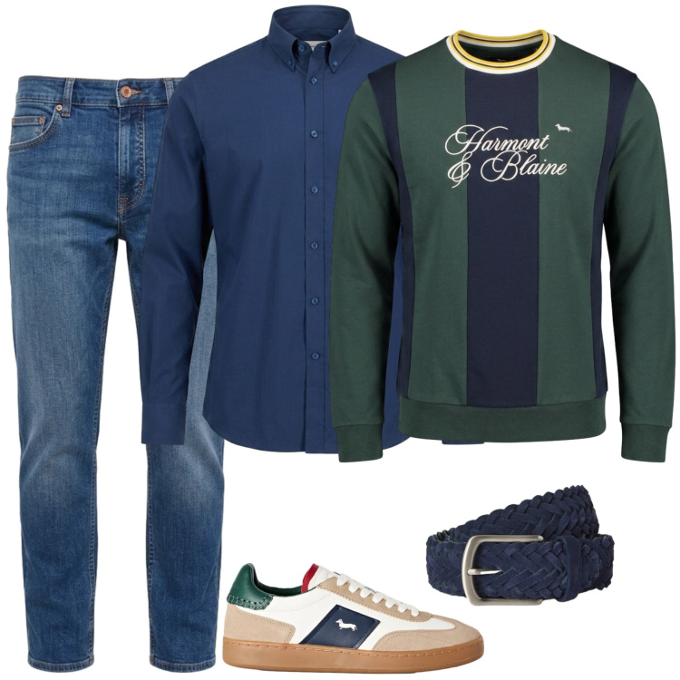 Outfit uomo - H&B. Stile Trendy per Tutti i giorni. Abbinamento con camicie, felpe, jeans, sneakers, cinture.