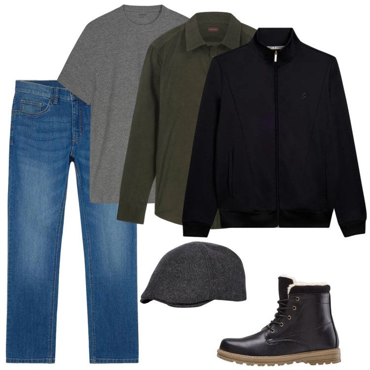 Outfit uomo - Layering. Stile Urban per Tutti i giorni. Abbinamento con t-shirt, camicie, cappelli e berretti, bomber, stivali e stivaletti, jeans dritti.