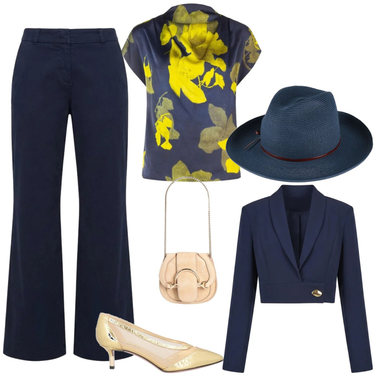 Outfit donna - Total look #2483095. Stile Glamour per Cerimonia. Abbinamento con décolleté, marsupi, cappelli, blazer, top, pantaloni.