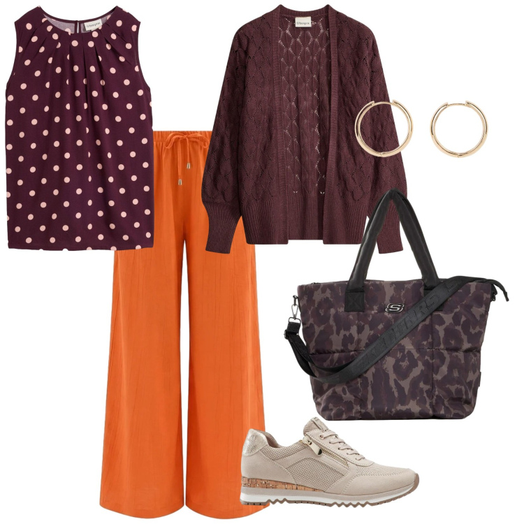Outfit donna - Al parco con laki. per Tutti i giorni. Abbinamento con shopping bag, orecchini, sneakers, cardigans, top, pantaloni a palazzo.