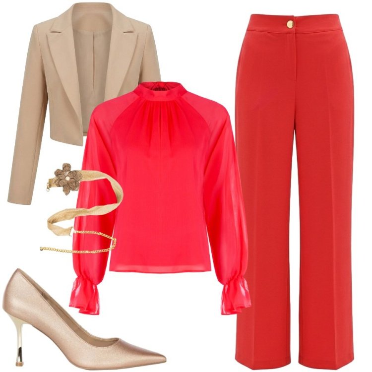 Outfit donna - Scelgo il rosso. Stile Chic per Cerimonia. Abbinamento con bluse, bolero, pantaloni, décolleté, cinture.
