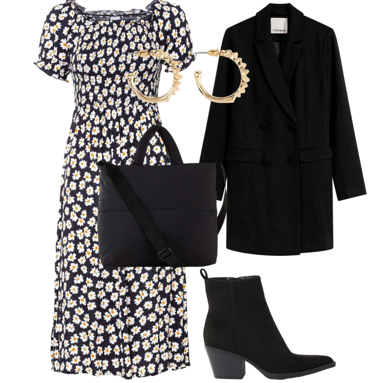 Outfit donna - Di mattina. per Tutti i giorni. Abbinamento con vestiti midi/longuette, blazer, orecchini, shopping bag, stivaletti texani.