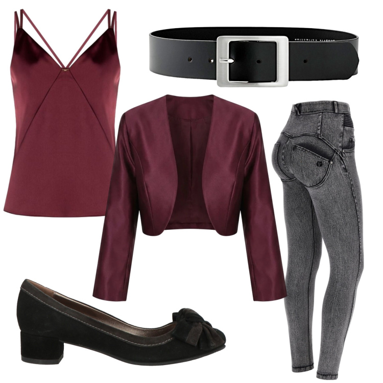 Outfit donna - Bordeaux. Stile Casual chic per Tutti i giorni. Abbinamento con jeans skinny, top, blazer, décolleté, cinture.
