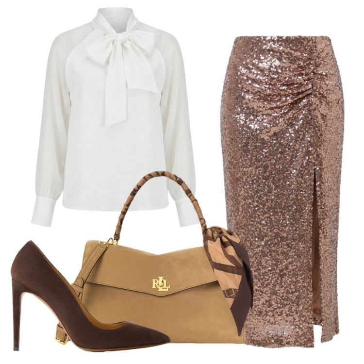 Outfit donna - La gonna che brilla. Stile Trendy per Cerimonia. Abbinamento con décolleté, borse a mano, gonne longuette, bluse.