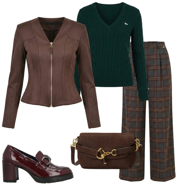 Outfit donna - Colori autunnali. Stile Urban per Tutti i giorni. Abbinamento con mocassini, blazer, pantaloni a palazzo, maglieria, borse a spalla.