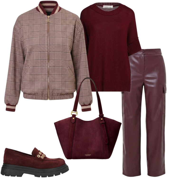 Outfit donna - Pantaloni cargo in ecopelle. Stile Sporty chic per Scuola/Università. Abbinamento con borse tote, pantaloni cargo, bomber, pullovers, mocassini.