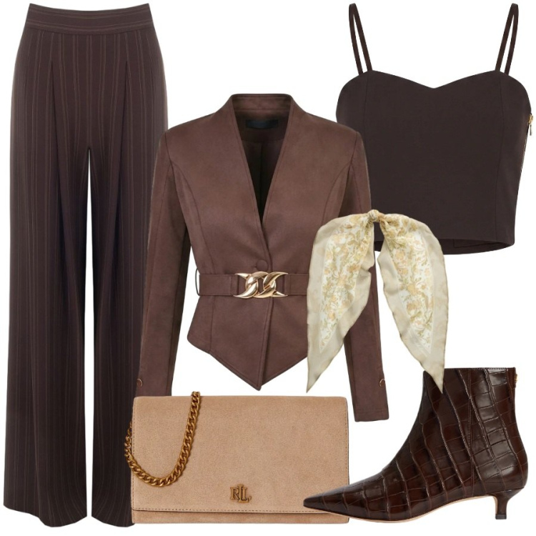 Outfit donna - Cerimonia color cioccolato. Stile Trendy per Cerimonia. Abbinamento con foulard, stivaletti, borse a tracolla, pantaloni a palazzo, blazer, top.
