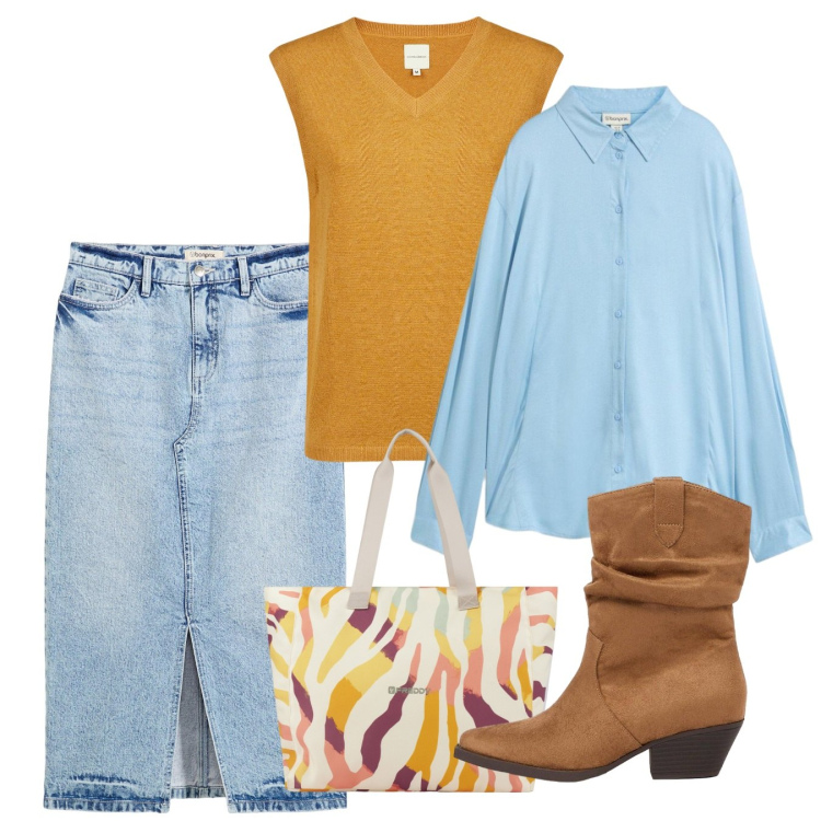 Outfit donna - Maglieria Leggera e Gonne Midi. Stile Bon Ton per Tutti i giorni. Abbinamento con maglieria, shopping bag, stivaletti texani, gonne longuette, camicie.