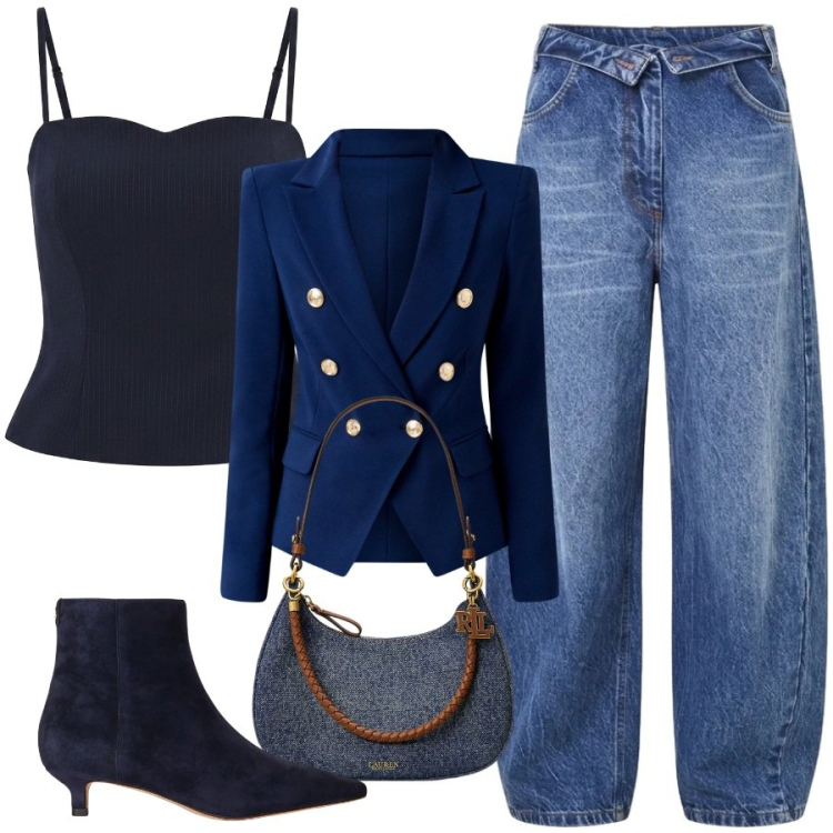 Outfit donna - Cerimonia in jeans. Stile Trendy per Cerimonia. Abbinamento con borse a spalla, stivaletti, jeans mom, top, blazer.