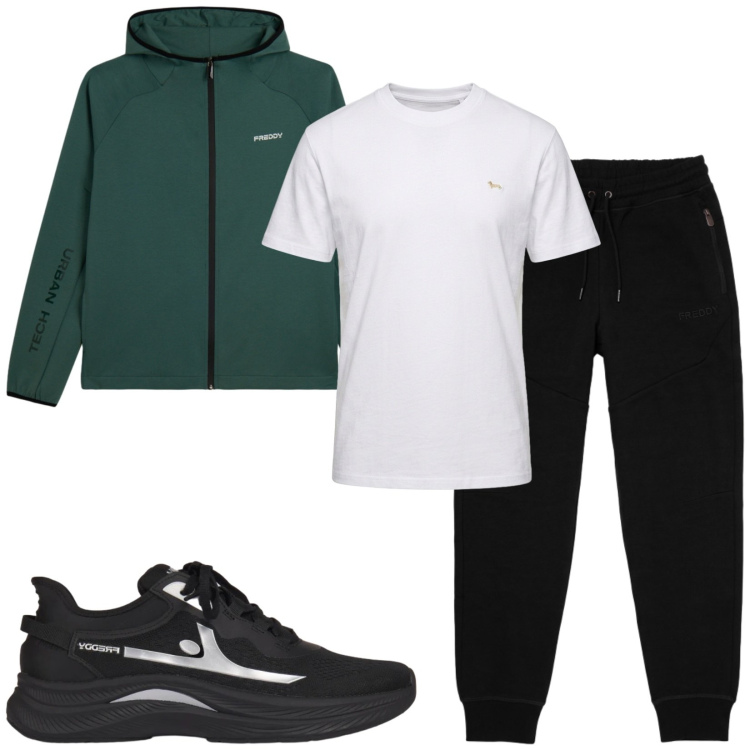 Outfit uomo - Total look #2483144. Stile Casual per Sport. Abbinamento con t-shirt, felpe con cappuccio, sneakers, pantaloni.