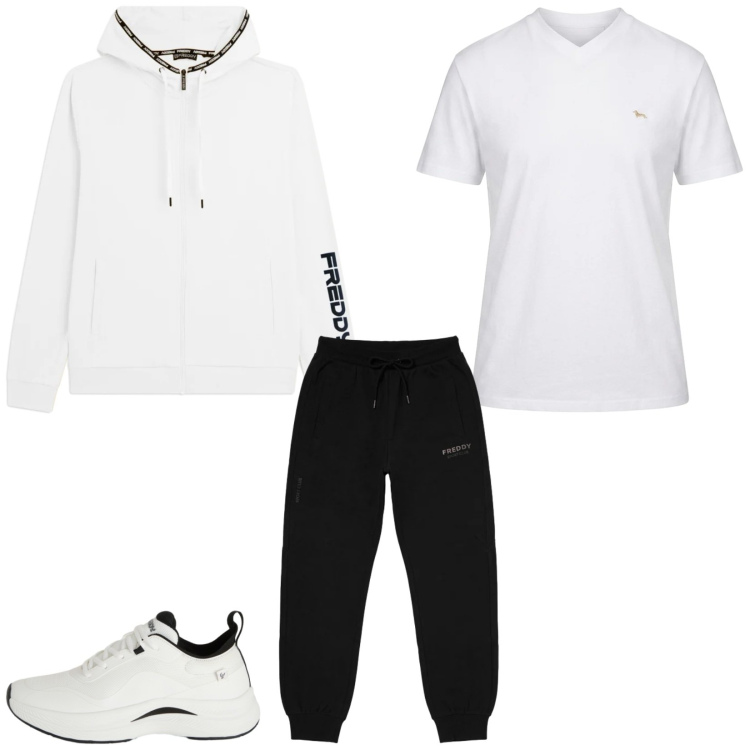 Outfit uomo - Total look #2483150. Stile Urban per Tutti i giorni. Abbinamento con t-shirt, sneakers, felpe con cappuccio, pantaloni.