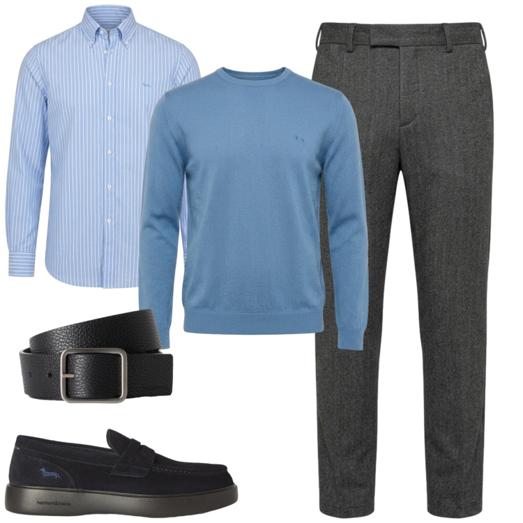Outfit uomo - In ufficio. Stile Urban per Ufficio. Abbinamento con maglieria, scarpe stringate, cinture, camicie, pantaloni.