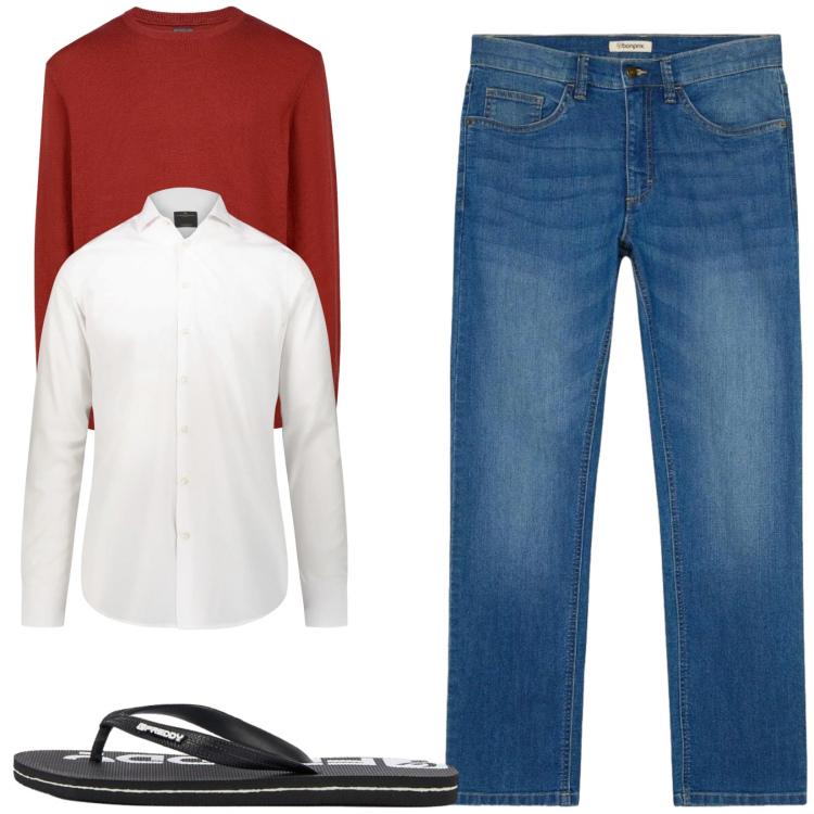 Outfit uomo - Total look #2483166. Stile Trendy per Tutti i giorni. Abbinamento con maglieria, camicie, sandali, jeans dritti.