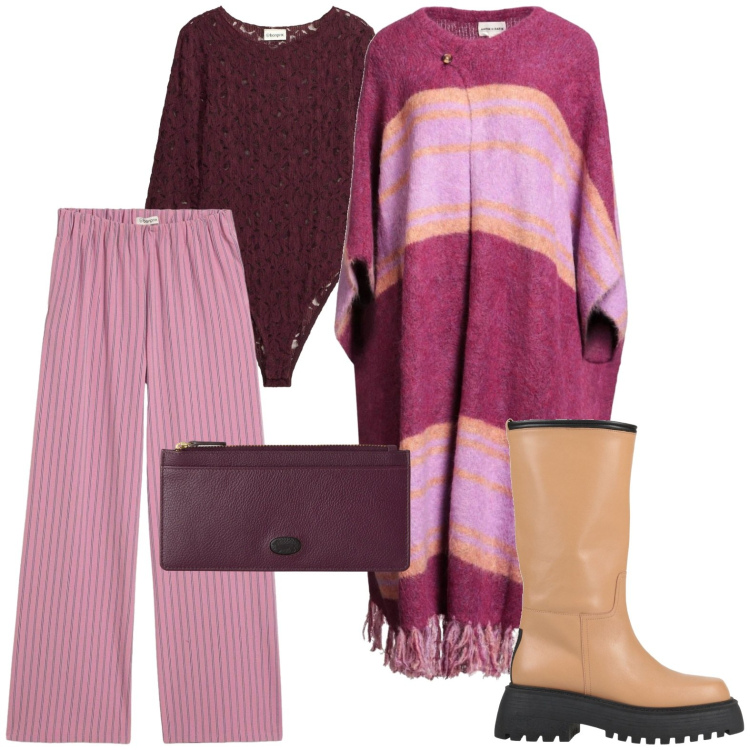 Outfit donna - Poncho. Stile Casual per Tutti i giorni. Abbinamento con cappe, stivali, pantaloni, body, portafogli.