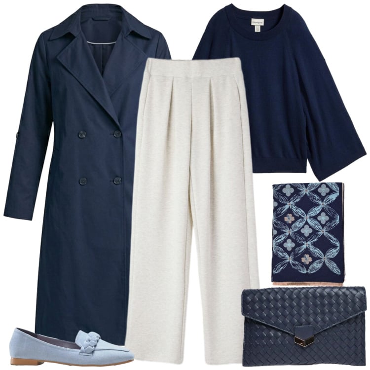 Outfit donna - Il trench leggero nei colori moda. Stile Trendy per Serata fuori. Abbinamento con mocassini, maglieria, trench, pantaloni, clutch, sciarpe.
