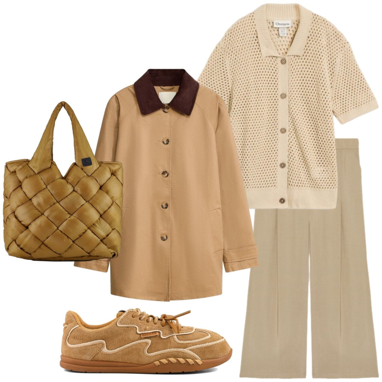 Outfit donna - Trench leggero e toni caldi. Stile Basic per Tutti i giorni. Abbinamento con pantaloni, borse tote, trench, cardigans, sneakers.