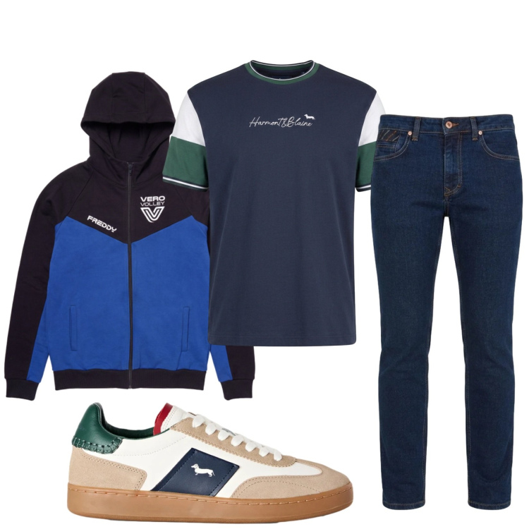 Outfit uomo - Total look #2483220. Stile Trendy per Tutti i giorni. Abbinamento con jeans, t-shirt, sneakers, felpe con cappuccio.