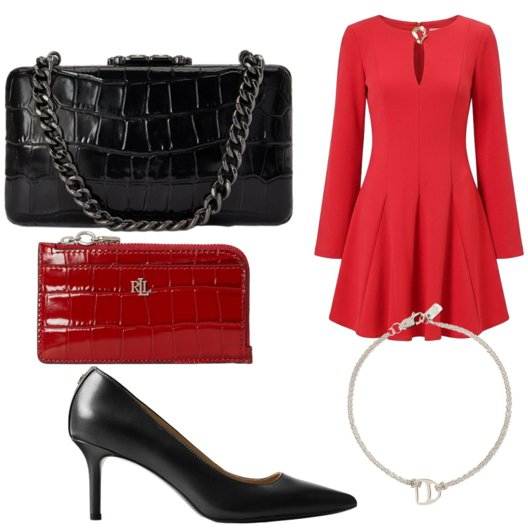 Outfit donna - Pranzo di famiglia in rosso e nero. Stile Bon Ton per Tutti i giorni. Abbinamento con vestiti corti, décolleté, portafogli, clutch, braccialetti con ciondoli.